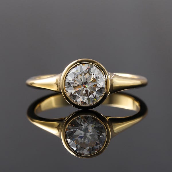 Solitaire Lab Grown Bezel Set Wedding Ring, 1.29 CT Round Cut Lab Grown Diamond Engagement Ring, Dome Style Band Ring, 14K Yellow Gold Ring