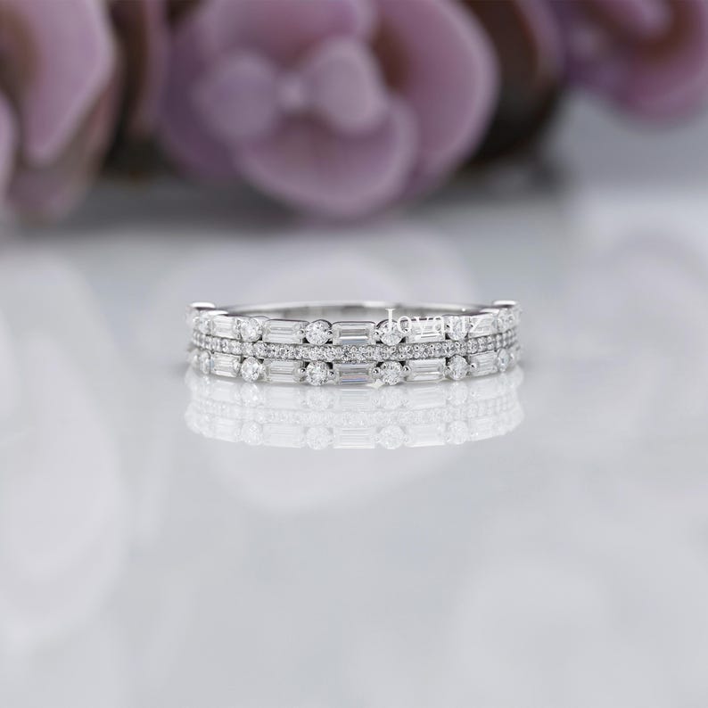 Half Eternity Lab Grown Diamond Wedding Band, Round & Baguette Cut Lab ...