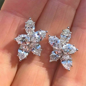 Cluster Earrings, Five Stone Engagement Wedding Earrings, Marquise & Pear Diamond Ring, Unique Earrings, Stud Earrings, 14K Gold Earrings