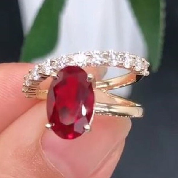 Red Ruby Ring, Oval Cut Diamond Engagement Ring, Double Band Anniversary Ring, Half Eternity Wedding Ring, Unique Band 14k Solid Gold Ring