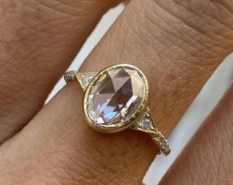 Art Deco Vintage Inspired Diamond Ring, 2.50 CT Oval Rose Cut Moissanite Ring, Art nouveau Milgrain Antique Retro Bezel Set Ring 925 Silver