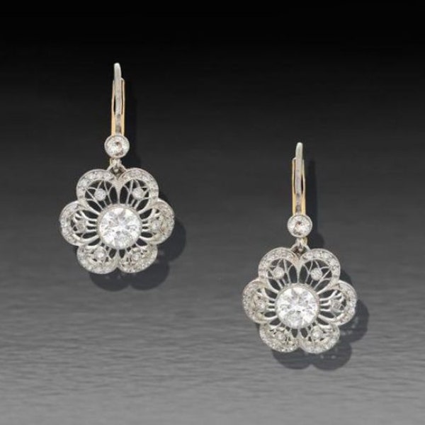 Vintage Art Deco Style Earrings, Antique Edwardian Earrings, Floral Round Cut Diamond Earrings, Lever Back Earrings, 14K Gold Over Earrings