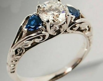 Vintage Inspired Ring, Three Stone Engagement Ring, 1.5 CT Round Cut Moissanite Diamond & Blue Sapphire Diamond Ring, Filigree Art Deco Ring