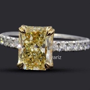 Canary Yellow Diamond Ring, 2 Ct Radiant Cut Yellow Diamond Wedding Ring, Double Hidden Halo Engagement Ring , Two Tone 925 Sterling Silver