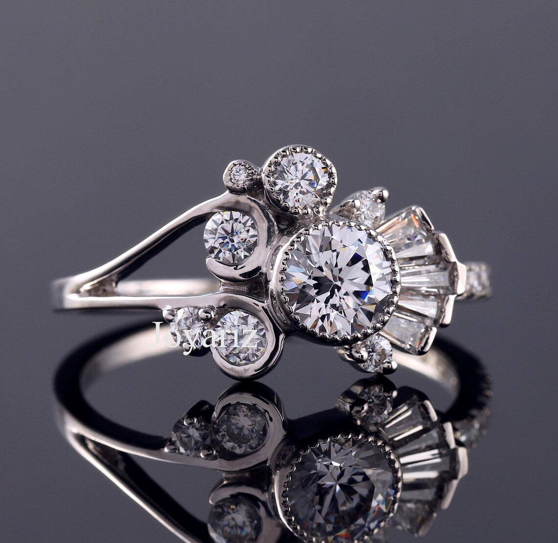 Vintage Art Deco Lab Grown Diamond Wedding Band, Round & Baguette Cut ...