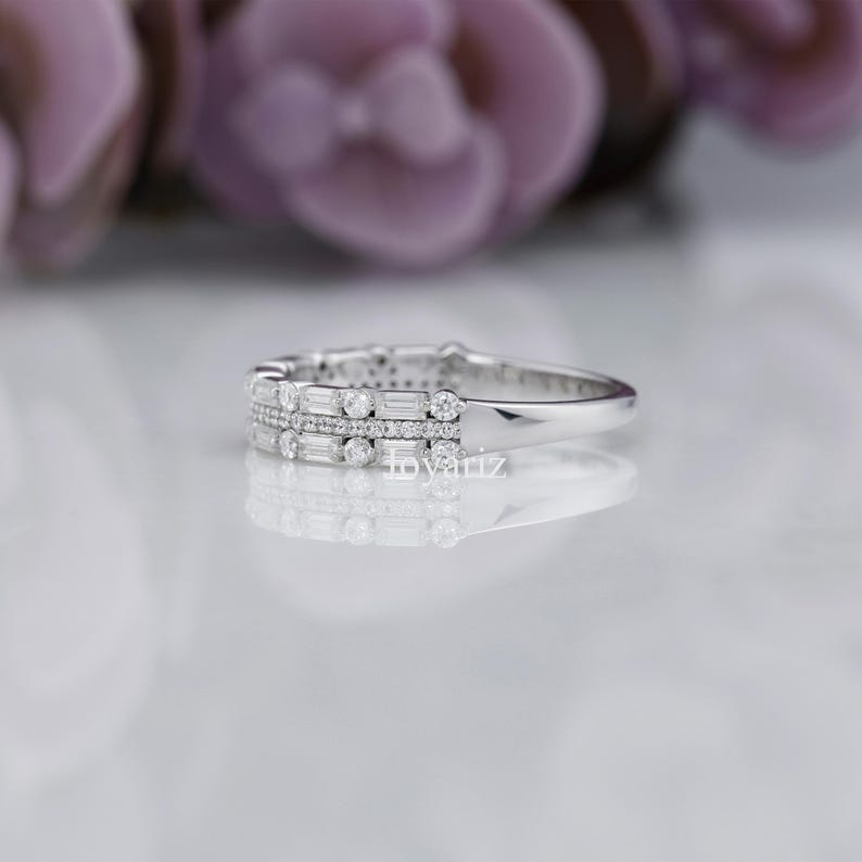 Half Eternity Lab Grown Diamond Wedding Band, Round & Baguette Cut Lab ...