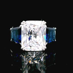 Blue Sapphire Anniversary Ring, Three Stone Ring, Radiant Cut Diamond Engagement Ring, Cluster Wedding Ring, 925 Sterling Silver Ring