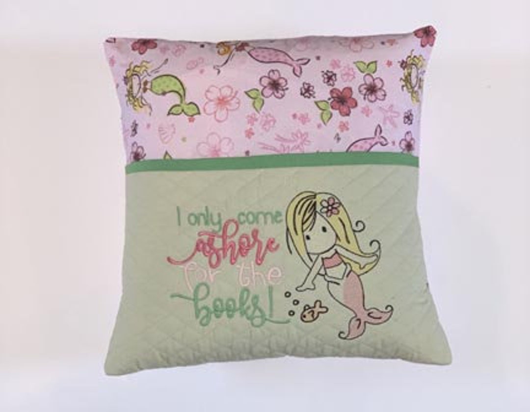 Reading Pocket Pillow Embroidered With Mermaid and I Only Come Ashore