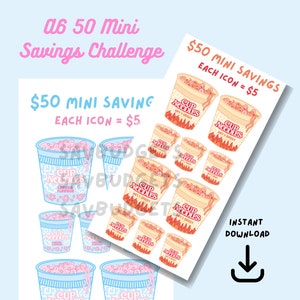 DIGITAL A6 Kawaii 50 Mini Challenge Savings Challenge, Low Income Savings Challenge, Savings Challenge, Cash Budgeting, Cash Envelope Method
