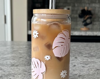 Pink Monstera Leaf Cup | Monstera Glass Can Cup | Monstera Glass Cup | Iced Coffee Glass Can| Plant Lover | Trendy Coffee Cup