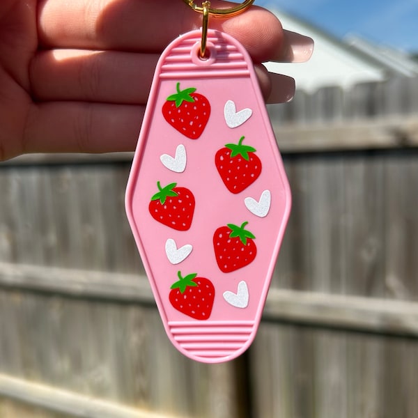 Strawberry Hearts Motel Keychain | Cute Keychain | House Keys | Retro Motel Keychain | Pink Keychain | Car Accessories | Gift for Her