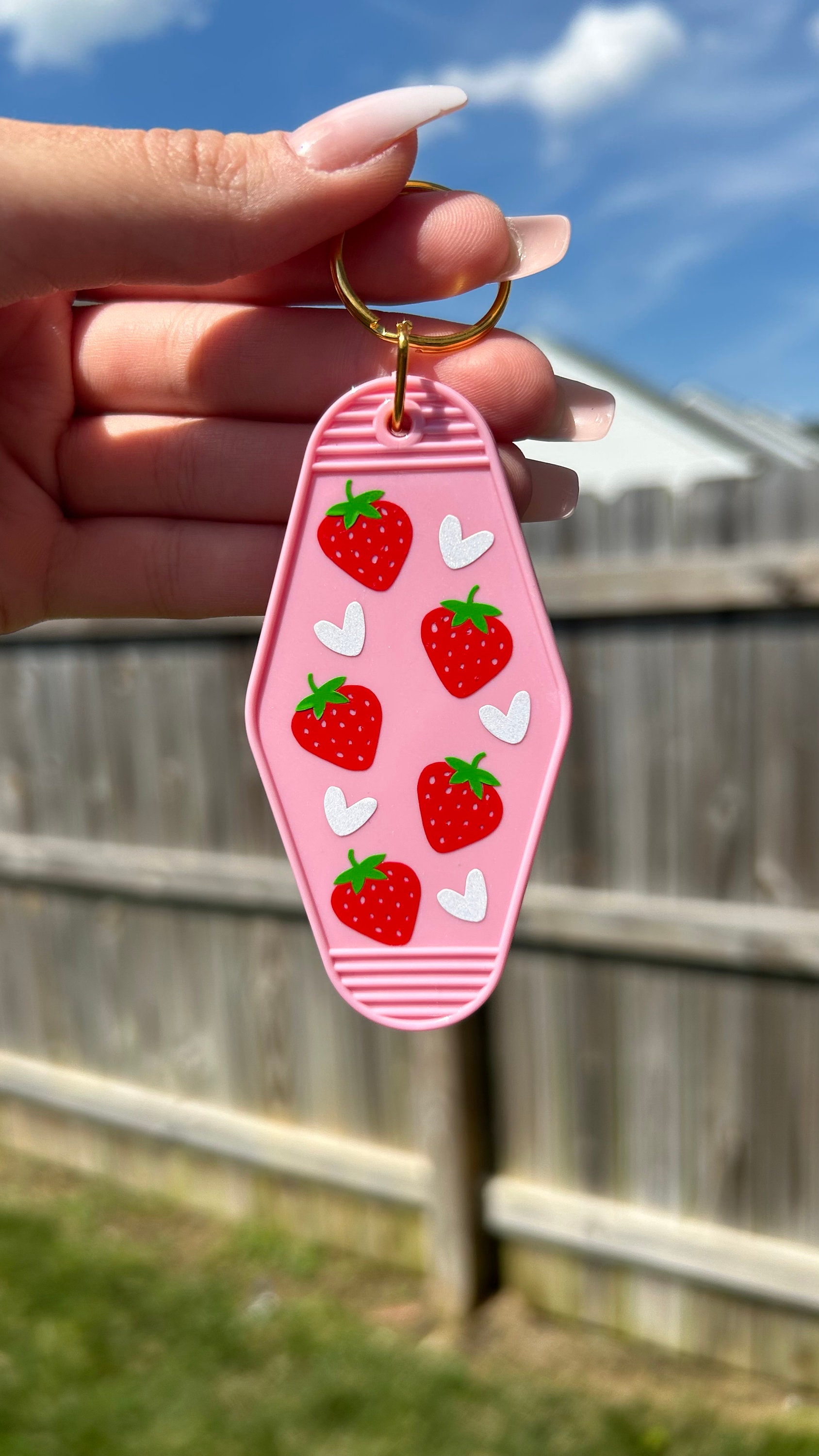Strawberry Hearts Motel Keychain | Cute Keychain | House Keys | Retro Motel Keychain | Pink Keychain | Car Accessories | Gift for Her