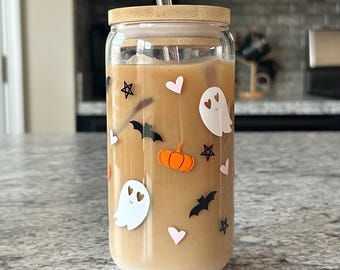 Halloween Glass Cup | Spooky Season Cup | Ghost Glass Cup | Cute Halloween Glass | Fall Glass Cup with Straw