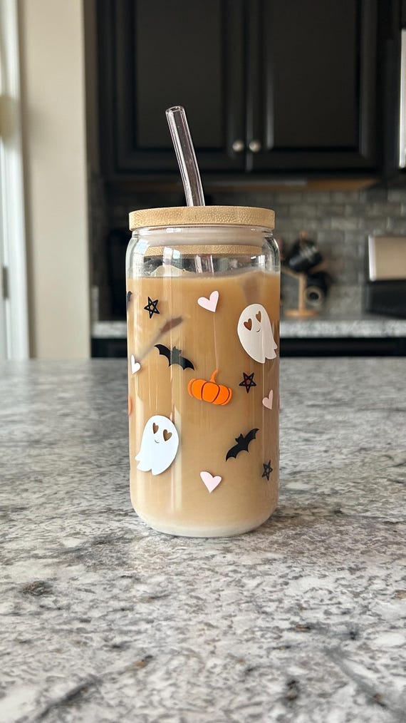 Halloween Glass Cup | Spooky Season Cup | Ghost Glass Cup | Cute Halloween Glass | Fall Glass Cup with Straw