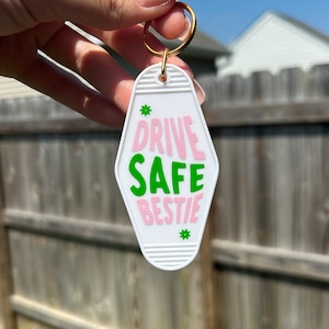 Drive Safe Bestie Motel Keychain | Cute Keychain | House Keys | Retro Motel Keychain | Pink Keychain | Car Accessories | Trendy Keychain