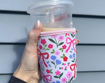 Floral Bow Cup Sleeve | Reusable Drink Sleeve | Iced Coffee Drink Sleeve
