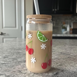Cherry Cup | Iced Coffee Glass with Straw | Glass Can | Fruit Cup | Cherry Tumbler with Straw | Libbey Cup Fruit | Cherry Fruit Glass