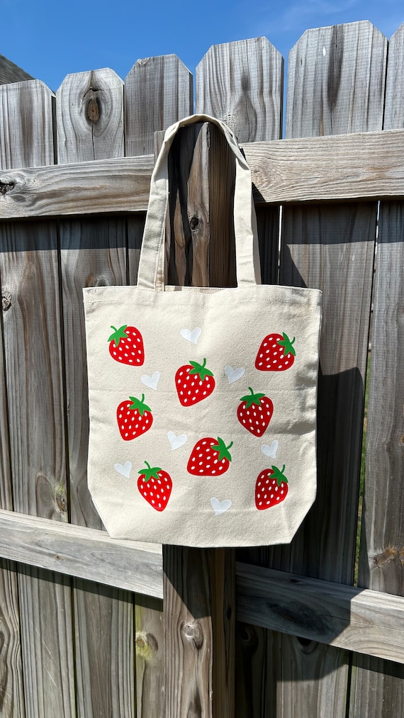 Strawberry Hearts Tote | Cute Tote Bag | Canvas Tote Bag | Strawberry Bag | Fruit Bag | Aesthetic Bag | Beach Tote