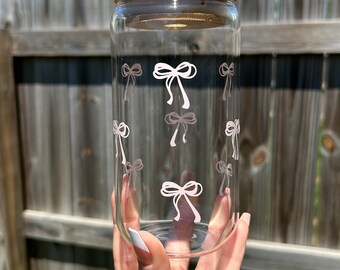 16 Oz Rosa Glasbecher Mit Deckel & Strohhalm – Coquette Schleifen-Design, Borosilikatglas, Für Eiskaffee & Cocktails