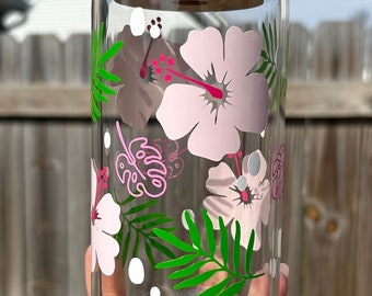 Plant Glass | Tropical Plant Glass | Iced Coffee Cup | Monstera Glass Cup | Iced Coffee Can Glass | Pink Flower Glass