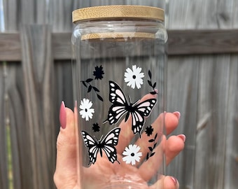 Butterfly Flowers Glass | Iced Coffee Glass | Butterfly Cup | Cute Glass Cup | Iced Coffee Glass | Aesthetic Cup | Monarch Butterfly Cup