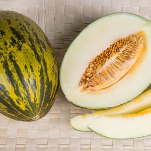 Può includere: Un intero melone cantalupo a strisce verdi e gialle accanto a un mezzo melone cantalupo con semi e due fette di melone cantalupo.