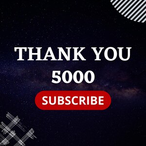 K&ouml;nnte beinhalten: Ein dunkelblauer Hintergrund mit wei&szlig;en Sternen und einem wei&szlig;en Text&uuml;berlagerung, die "THANK YOU 5000 SUBSCRIBE" sagt. Ein roter Knopf mit wei&szlig;em Text, der "SUBSCRIBE" sagt, befindet sich in der Mitte des Bildes.