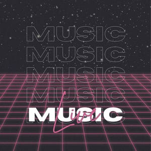 K&ouml;nnte beinhalten: Ein Retro-Grafikdesign mit dem Wort "MUSIC" viermal in wei&szlig;er Schrift auf schwarzem Hintergrund wiederholt. Das Wort "LIVE" ist in rosa kursiver Schrift unter dem Wort "MUSIC" geschrieben. Ein rosa Rastermuster befindet sich hinter dem Text.
