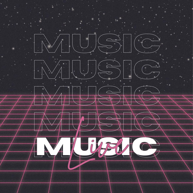 K&ouml;nnte beinhalten: Ein Retro-Grafikdesign mit dem Wort "MUSIC" viermal in wei&szlig;er Schrift auf schwarzem Hintergrund wiederholt. Das Wort "LIVE" ist in rosa kursiver Schrift unter dem Wort "MUSIC" geschrieben. Ein rosa Rastermuster befindet sich hinter dem Text.