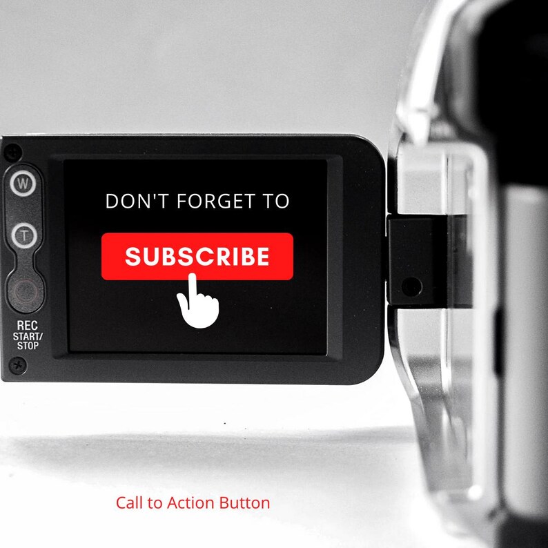 K&ouml;nnte beinhalten: Ein Schwarzwei&szlig;bild einer Videokamera mit einem roten Knopf, auf dem "ABONNIEREN" auf dem Bildschirm steht. Der Text "VERGISS NICHT" steht &uuml;ber dem Knopf. Der Text "Call to Action Button" steht unter der Kamera.