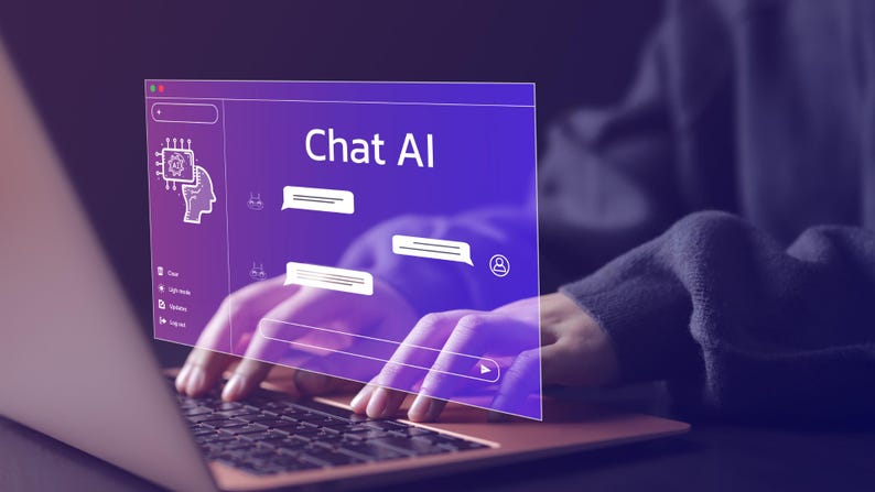May include: A person using a laptop with a screen displaying "Chat AI". The screen has a purple gradient background with white icons and text bubbles. The person's hands are on the keyboard.