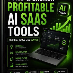 Puede incluir: Una portada de libro negra titulada The Complete Guide to Build & Launch Profitable AI SaaS Tools Using AI Tools Like Claude. El diseño presenta texto verde, una computadora portátil con un panel de control e iconos de IA.