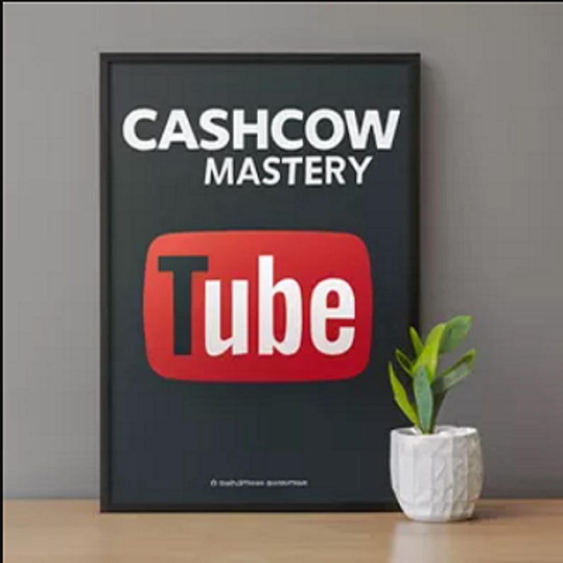 K&ouml;nnte beinhalten: Schwarzer gerahmter Poster mit wei&szlig;em Text, der "CASHCOW MASTERY" lautet, und einem roten YouTube-Logo mit wei&szlig;em Text, der "Tube" lautet.