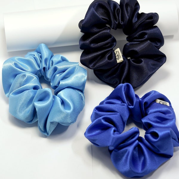 Blue Pack Of 3 Scrunchies | Bestselling Satin Scrunchie | Bun Maker Elastic Hair Tie | Skintone Gift for Her Denim, Royal, Powder Blue
