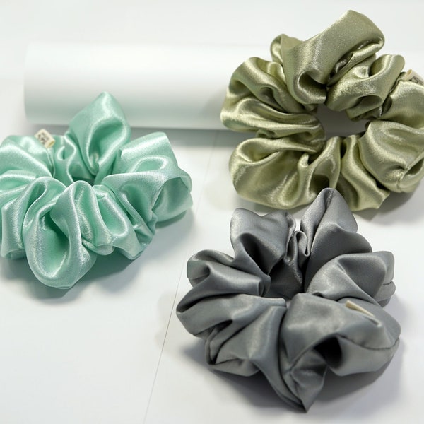 Cool Tone Pack Of 3 Scrunchies | Bestselling Satin Scrunchie | Bun Maker Hair Tie | Gift for Her Sage Green and Grey Scrunchies