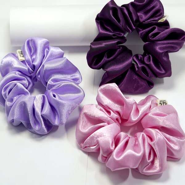 Purple Pack Of 3 Scrunchies | Bestselling Satin Scrunchie | Bun Maker Elastic Hair Tie | Skintone Gift for Her Pink Scrunchies