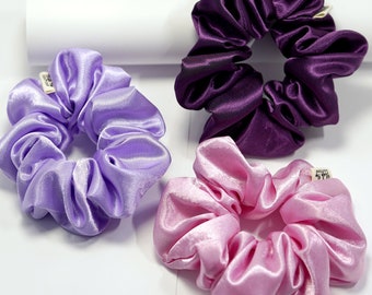 Purple Pack Of 3 Scrunchies | Bestselling Satin Scrunchie | Bun Maker Elastic Hair Tie | Skintone Gift for Her Pink Scrunchies