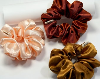 Warm Tone Pack Of 3 Scrunchies | Bestselling Satin Scrunchie | Bun Maker Elastic Hair Tie | Skintone Gift for Her Bun Holder