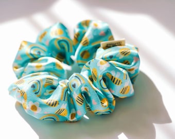 Bumble Bee Scrunchie | Boho Rainbow Scrunchies |  Kawaii Hair Accessories | Soft Satin Scrunchy | Bees Pattern Hair Ties | Gifts For Her