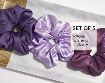 Pack Of 3 Scrunchie Hair Tie | Soft Satin Scrunchie | Lilac Elastic Hair Tie Scrunchies | Purple Scrunchies | Gift For Her | XXL Scrunchie
