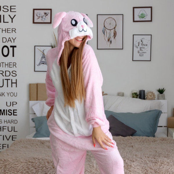pink bunny onesie, bunny onesie, bunny pajamas, kigurumi, animal onesie adult, adult pajamas, halloween onesie, animal costume, onesie women