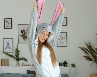 bunny pajamas, kigurumi, animal costume, adult animal costume, jumpsuit pajamas, funny mens pajama, fluffy pajamas, unisex pajamas,christmas