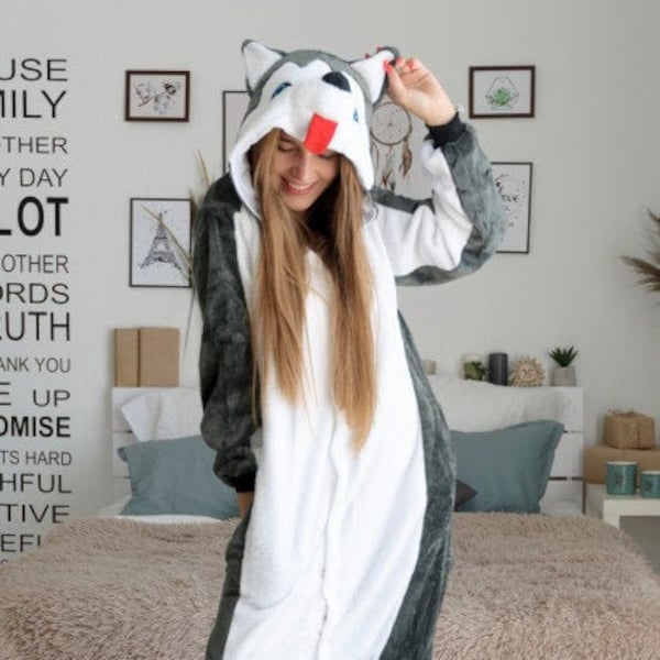 grenouillère husky, kigurumi, pyjamas d'hiver, pyjamas drôles, grenouillère adulte, grenouillère grise, pyjamas, costume animal adulte, pyjama adulte, halloween