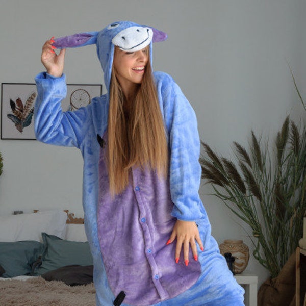 eeyore onesie, eeyore kostuum, kigurumi, zachte pyjama's, grappige heren pyjama, blauwe pyjama's, blauwe onesie, volwassen pyjama's, halloween onesie, dier