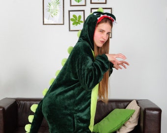 dinosaur pajamas, dinosaur onesie, onesie adult, kigurumi, fleece pajamas, green onesie, animal costume adult, womens onesie, unisex pajamas