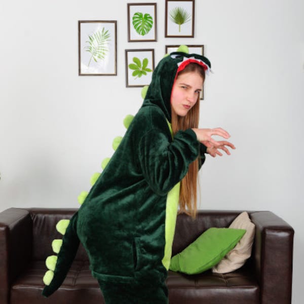 dinosaur pajamas, dinosaur onesie, onesie adult, kigurumi, fleece pajamas, green onesie, animal costume adult, womens onesie, unisex pajamas