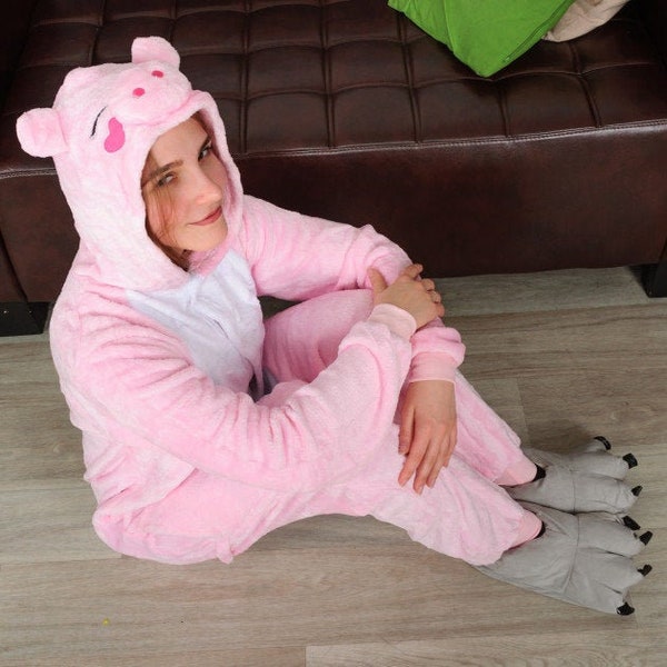 adult pig costume, pig onesie, kigurumi, adult onesie, adult animal costume, adult pajamas, halloween onesie, animal costume, unisex onesie