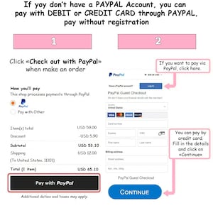 Op de afbeelding: Een screenshot van een website-afrekenpagina met twee betalingsopties: PayPal of creditcard. De pagina toont een totaalbedrag van &euro; 65,10 voor &eacute;&eacute;n artikel. De tekst "Als u via PayPal wilt betalen, klik dan hier." is ook zichtbaar.