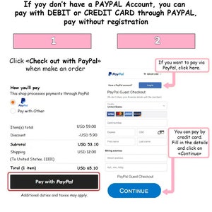 Op de afbeelding: Een screenshot van een website-afrekenpagina met twee betalingsopties: PayPal of creditcard. De pagina toont een totaalbedrag van &euro; 65,10 voor &eacute;&eacute;n artikel. De tekst "Als u via PayPal wilt betalen, klik dan hier." is ook zichtbaar.