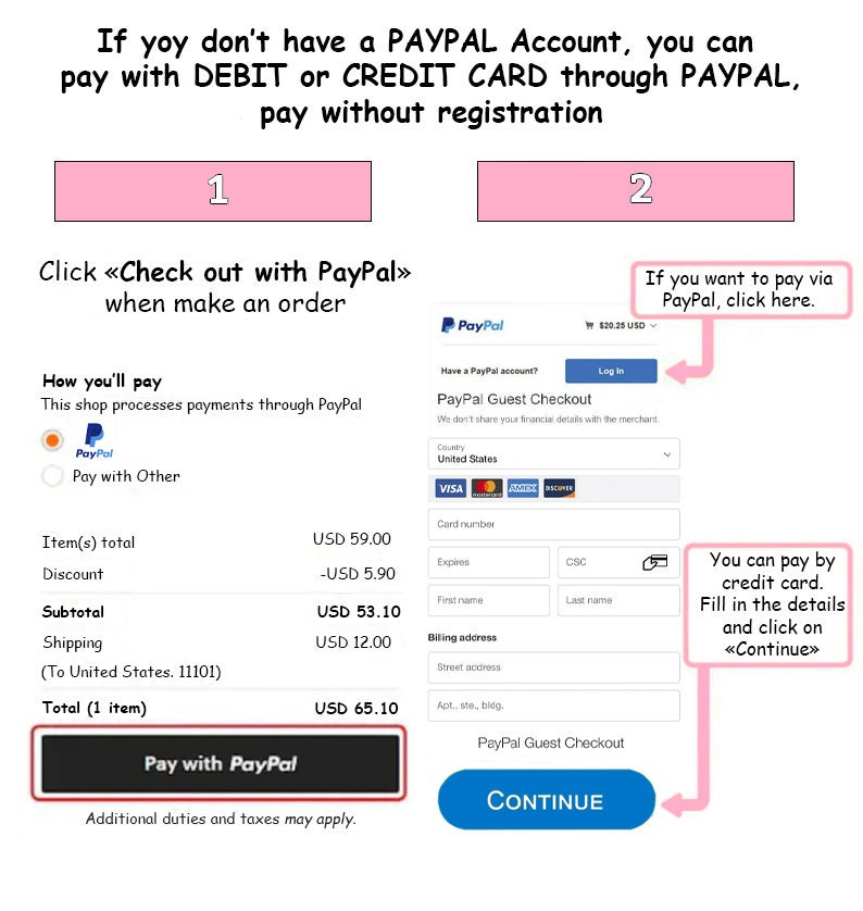 Op de afbeelding: Een screenshot van een website-afrekenpagina met twee betalingsopties: PayPal of creditcard. De pagina toont een totaalbedrag van &euro; 65,10 voor &eacute;&eacute;n artikel. De tekst "Als u via PayPal wilt betalen, klik dan hier." is ook zichtbaar.